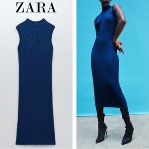 ZARA COLBALT BLUE BODYCON, RIBBED COTTON, SLEEVELESS  HIGH NECK MIDI DRESS SZ XS